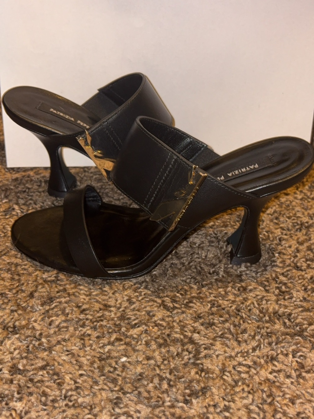 Patrizia Pepe Black Heeled Mules with Gold Logo Accent